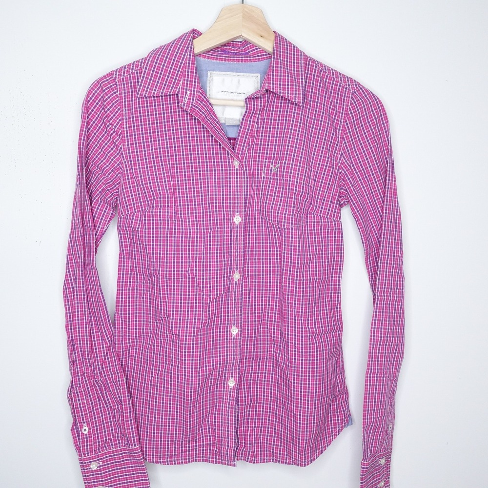 AMERICAN EAGLE FAVORITE LONG SLEEVE PINK PLAID BUTTON DOWN SHIRT WOMENS SIZE 0